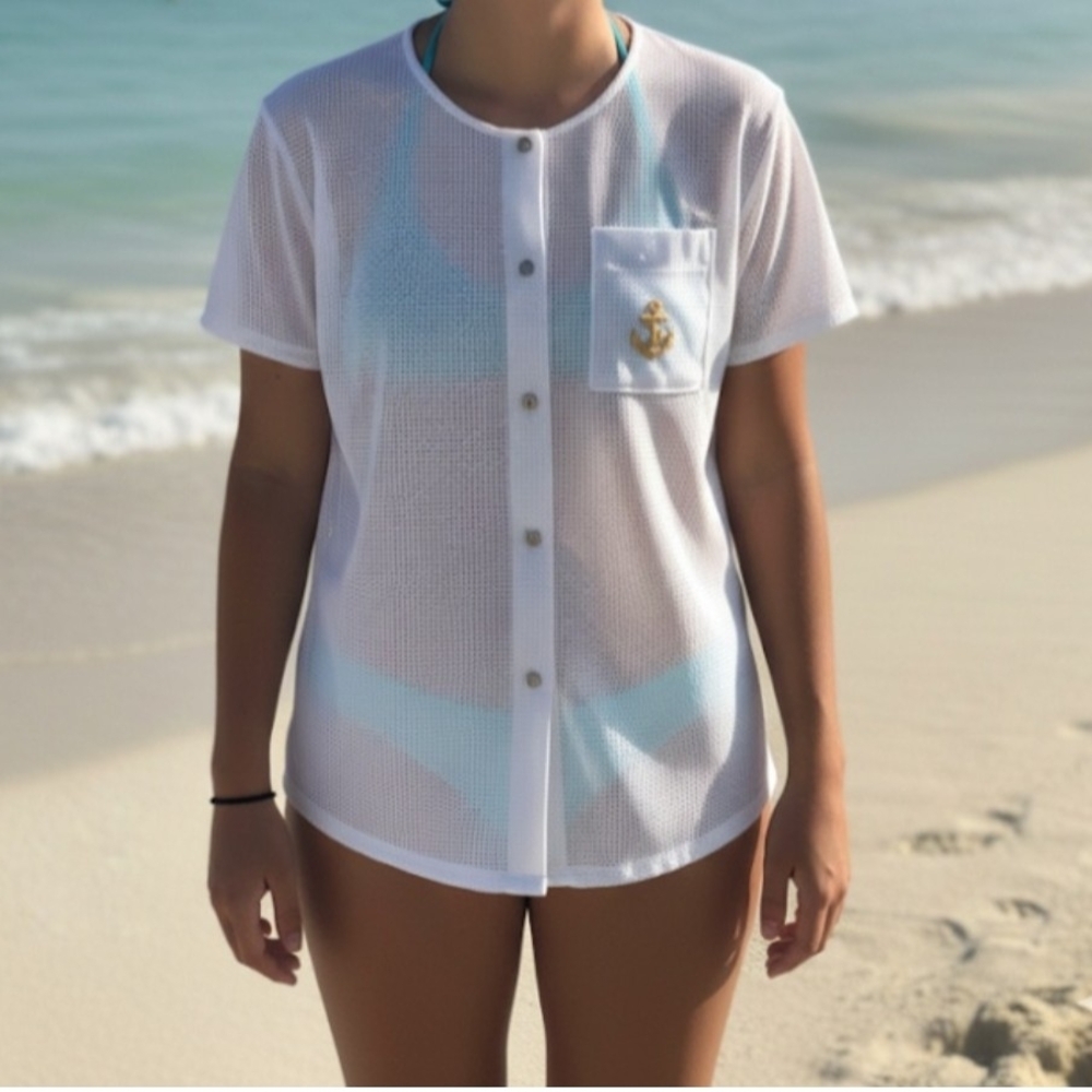 LE COVE White Mesh Button-Up Shirt with Anchor Detail